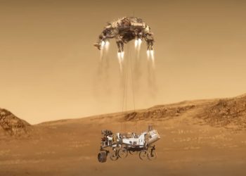 Rover Perseverance aterrizando en Marte