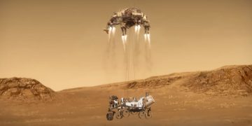 Rover Perseverance aterrizando en Marte