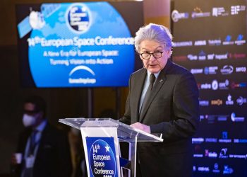 El comisario europeo de Mercado Interior, Thierry Breton, durante la inauguración de la 14 Conferencia Espacial Europea