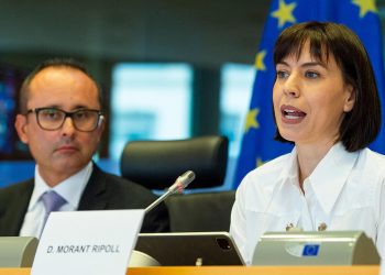 Diana Morant, la ministra de Ciencia e Innovación en funciones, durante su discurso ante el Parlamento Europeo.