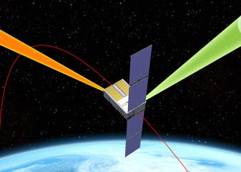 Representación artística del instrumento Arcstone de la NASA recopilando mediciones de reflectancia lunar en órbita. Fuente: Tecnologías Blue Canyon
