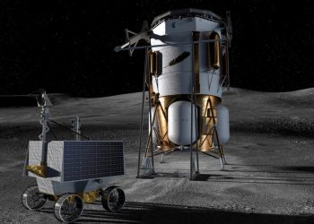El módulo de aterrizaje Blue Moon Mark 1 de Blue Origin y el VIPER de la Nasa en la superficie lunar. Fuente: Blue Origin
