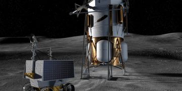 El módulo de aterrizaje Blue Moon Mark 1 de Blue Origin y el VIPER de la Nasa en la superficie lunar. Fuente: Blue Origin