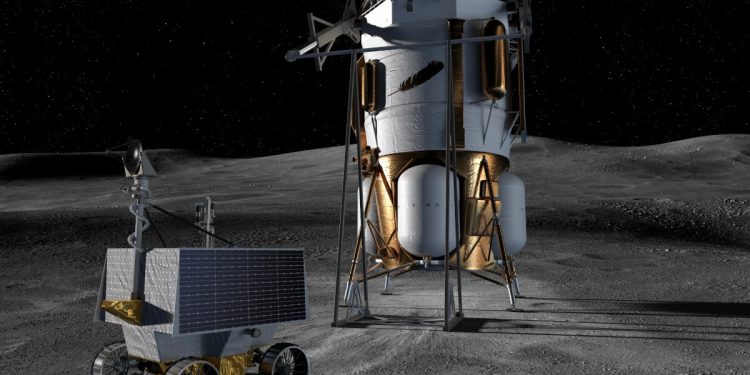 El módulo de aterrizaje Blue Moon Mark 1 de Blue Origin y el VIPER de la Nasa en la superficie lunar. Fuente: Blue Origin