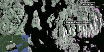 Imagen del radar de banda L de NISAR que muestra la isla Mount Desert de Maine. Fuente: Nasa/JPL-Caltech