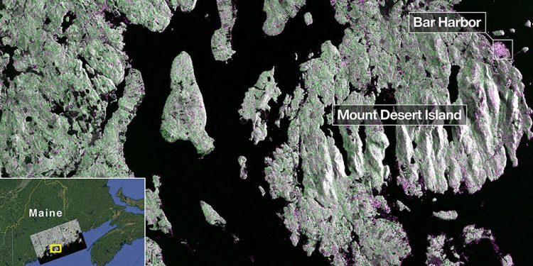 Imagen del radar de banda L de NISAR que muestra la isla Mount Desert de Maine. Fuente: Nasa/JPL-Caltech
