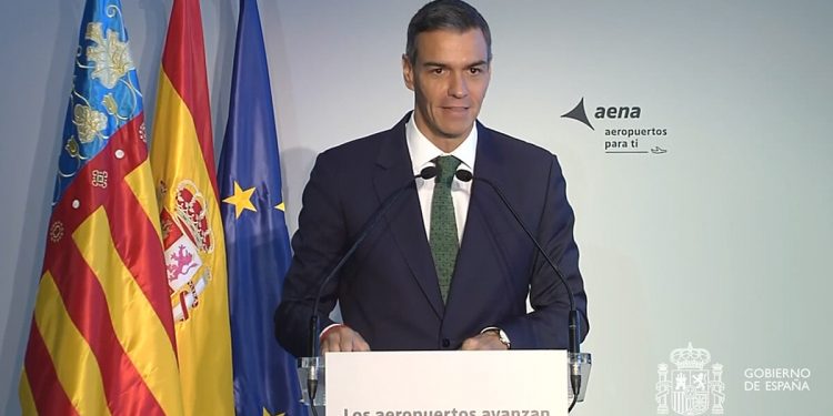 Pedro Sánchez, durante el acto de Aena. Fuente: La Moncloa