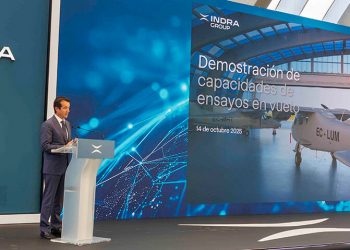 El presidente de Indra, Ángel Escribano, en el evento de Rozas. Fuente: Indra