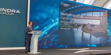 El presidente de Indra, Ángel Escribano, en el evento de Rozas. Fuente: Indra