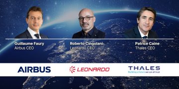 Guillaume Faury (Airbus), Roberto Cingolani (Leonardo) y Patrice Caine (Thales). Fuente: Leonardo
