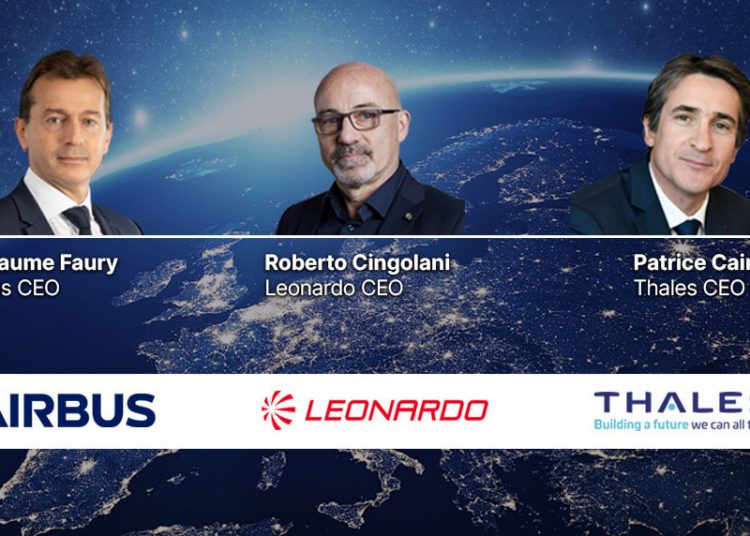 Guillaume Faury (Airbus), Roberto Cingolani (Leonardo) y Patrice Caine (Thales). Fuente: Leonardo
