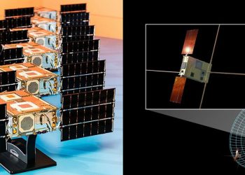 SunRISE de la Nasa consta de seis pequeños satélites, que se ven a la izquierda, alineados en una sala limpia, con paneles solares desplegados. Volarán en formación, como se muestra en la imagen artística de la derecha, funcionando como un gran radiotelescopio en órbita terrestre. Fuente: Laboratorio de Dinámica Espacial/Allison Bills/Nasa/JPL-Caltech