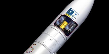Representación artística de los satélites Galileo 33 y 34 a bordo del Ariane 6. Fuente: ESA