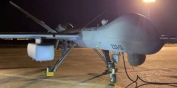 Primer vuelo de un Predator B del Ala 23 con POD SOAR de Inteligencia de Señales. Fuente: Ejército del Aire y del Espacio