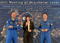 La ministra Morant, acompañada por los astronautas de la ESA, Pablo Álvarez y Matthias Maurer. Fuente: Ministerio de Ciencia