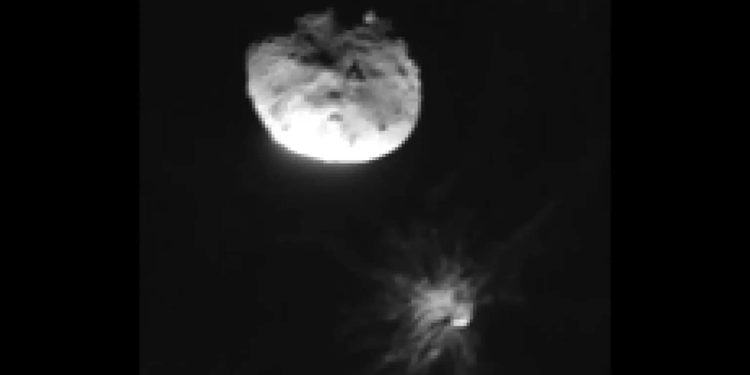 La misión DART de la Nasa cambió la órbita del asteroide Didymos alrededor del Sol. Fuente: Nasa