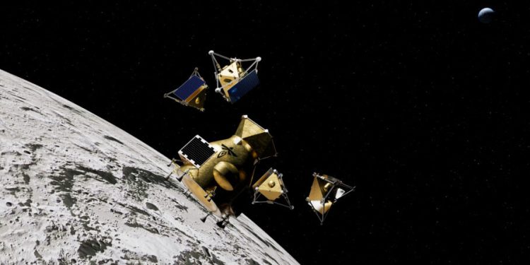 La nave Elytra de Firefly desplegando drones JPL sobre el polo sur de la Luna. Fuente: Firefly