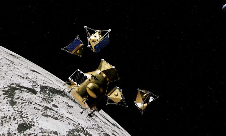 La nave Elytra de Firefly desplegando drones JPL sobre el polo sur de la Luna. Fuente: Firefly